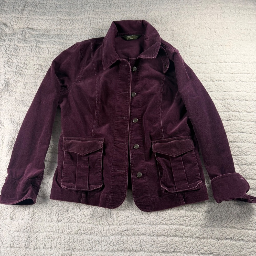 Eddie Bauer Womens Purple Corduroy Jacket Button Front Utility Cargo Pocket L